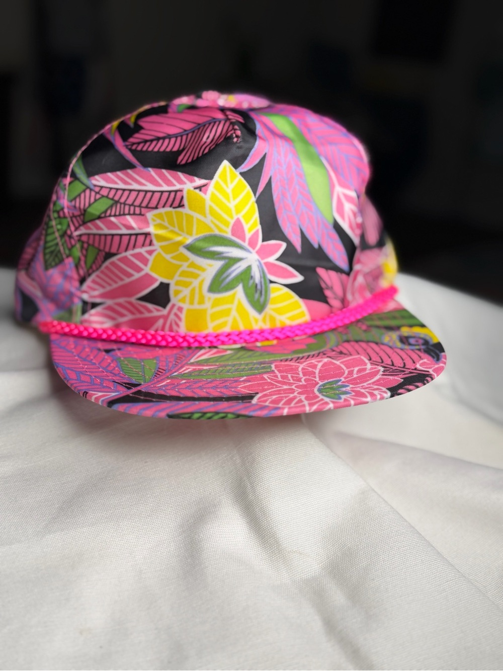 Vintage Hat Vibrant Pink Floral Rope-Trim Floral Design Cap